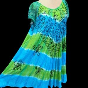 VINTAGE beach watercolor tie dye sundress coverup dress‎ crochet embroidered 90s